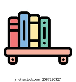 Book Shelf Icon Organized Library in Flat Line Color Style.