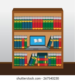 Book shelf with laptop opened online library 