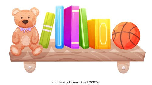 Book shelf with lids literature and toys. Vector illustration