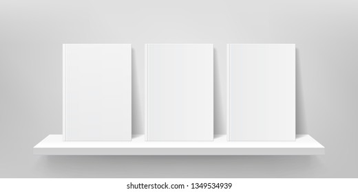 Book Shelf Mockup. Vector Bookshelf Wall, Book Front Covers, Gallery Shop Shelves 3D Template