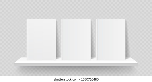Book Shelf Mockup. Vector Bookshelf Wall With Blank Book Front Covers, Brochure Gallery Shop Shelves Template
