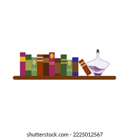 Book shelf with notes and flask cartoon illustration. Wizard school interior isolated on white background. Halloween, fairy tale, magic, old library concept.