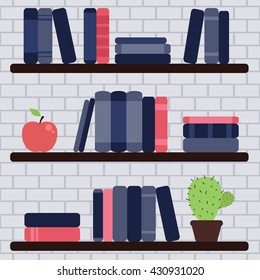 Book shelf on the brick wall. Cartoon vector illustration.