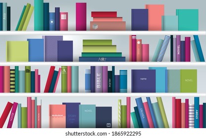 Book shelf. Realistic vector illustration. Bookstore indoor.