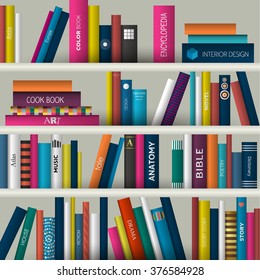 Book shelf. Realistic vector illustration. Bookstore indoor.