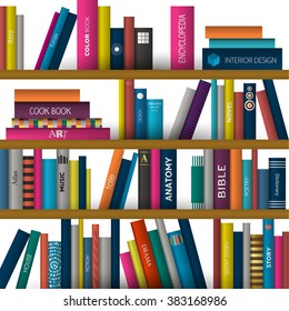 Book shelf. Realistic vector illustration. Bookstore indoor.