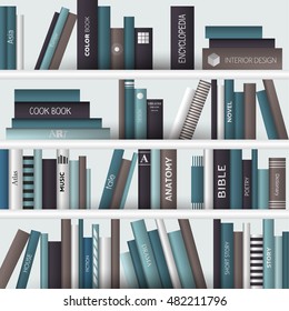 Book shelf. Realistic vector illustration. Bookstore indoor.