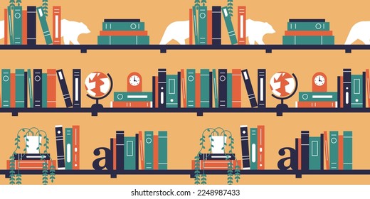 Bücherregal nahtlose Musterillustration für moderne Bücher und Innendekoration im minimalistischen Stil mit flachem Cartoon. Studium Lehrbuch oder Freizeitliteratur Sammlung Hintergrund.