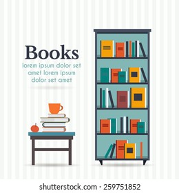 Book shelf and table with books and cup. Flat style vector illustration.