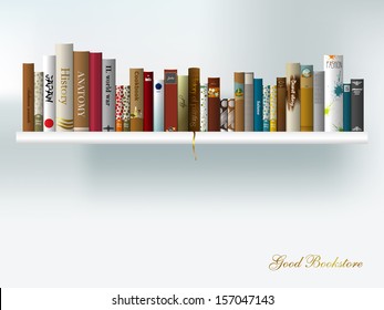 Book shelf. Vector illustration. Bookstore indoor.