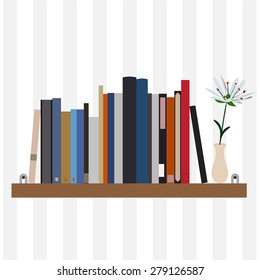 Book shelf vector isolated with bibliography, encyclopedia and handbooks. Vase with white flower. Literature bookstore