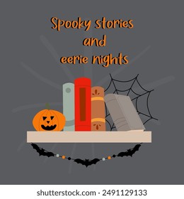 Book shelve with pumpkin and halloween decor. Spooky stories and eerie nights.Reading elements for bookshop, library, bookstore or education