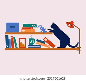 Book shelves. Books, cat and tea on the rack. Interior design. Vector flat illustration.