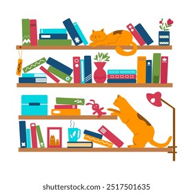 Book shelves. Books, cat and tea on the rack. Interior design. Vector flat illustration.