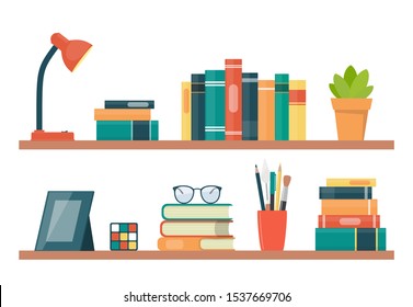 Book shelves with books and other objects. Book, lamp, potted plant, photo frame, rubik cube, glasses. Vector illustration in flat style