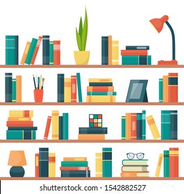 Reserva estantes con libros y otros objetos. Libro, lámpara, planta machacada, marco fotográfico, cubo de bici, gafas. Ilustración del vector en estilo plano