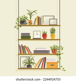 Book shelves with colorful objects. Cartoon design style bookshelves with different potted plants boxes and books. Home library on wall. Hanging shelf with decorations. Office or home furniture