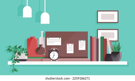 Book shelves with colorful objects. Cartoon design style bookshelves with different potted plants boxes and books. Home library on wall. Hanging shelf with decorations. Office or home furniture