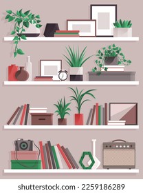 Book shelves with colorful objects. Cartoon design style bookshelves with different potted plants boxes and books. Home library on wall. Hanging shelf with decorations. Office or home furniture