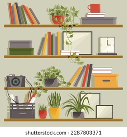Libera estantes con objetos coloridos. Libros de diseño de dibujos animados con diferentes macetas de plantas y libros. Biblioteca residencial en la pared. Estante colgado con decoraciones. Mobiliario de oficina o de casa