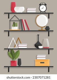 Book shelves with decor items. Cartoon design style bookshelves with plant, boxes, vase and books. Home library on wall. Hanging shelf with decorations. Office or home furniture indoor design