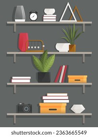 Book shelves with decor items. Cartoon design style bookshelves with plant, boxes, vase and books. Home library on wall. Hanging shelf with decorations. Office or home furniture indoor design