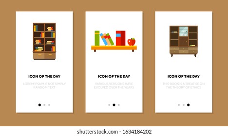 Book shelves flat icon set. Bookcase, storage, furniture isolated sign pack. Education, information, apartment, library concept. Vector illustration symbol elements for web design