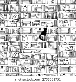 book shelves hand drawn seamless pattern, shelves are illustrated with a sketch-like, slightly imperfect line art style