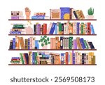 Book shelves. Home library collection on bookshelf. Bookcase, fiction and education literature, novels, encyclopedias for reading and studying. Flat vector illustration isolated on white background