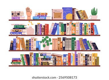 Book shelves. Home library collection on bookshelf. Bookcase, fiction and education literature, novels, encyclopedias for reading and studying. Flat vector illustration isolated on white background