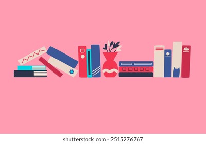 Book shelves. Interior design. Vector flat illustration.