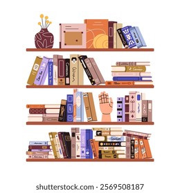 Book shelves. Many novels, textbooks, encyclopedias, study and fiction literature on bookshelf. Home library for knowledge, education, reading. Flat vector illustration isolated on white background