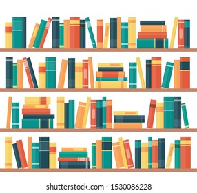 Book shelves with multicolored book spines. Books on a shelf. Vector illustration in flat style