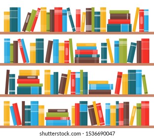 Book shelves with multicolored book spines. Books on a shelf. Vector illustration in flat style