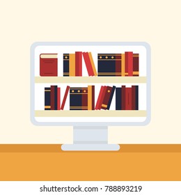 Book shelves on desktop PC screen. Concept vector illustration of distance studying, self education, digital online library, e-books.