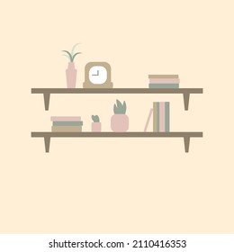 Repisas de libros con plantas y reloj, ilustración plana para librería o biblioteca