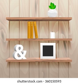 Book shelves in room interior with decor. Realistic natural wood wall with storage for decor, books, ampersand, plant, photo frame.