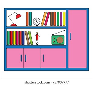 Book shelves. Simple vector illustration on white background. Books, lamp, radio, shelves, 