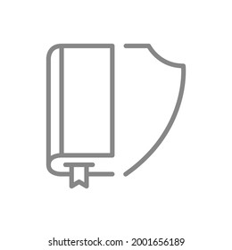 Book with shield line icon. Library protected, save ebook symbol