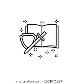 Book shield sword legend icon. Element of literature icon
