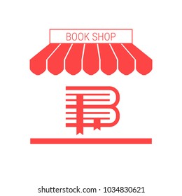 Book Shop, Antiquarian Rare Books Store Single Flat Vector Icon. Striped Awning and Signboard. A Series of Shop Icons.