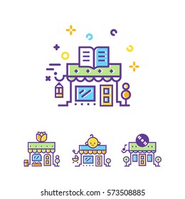 Book Shop building line icon. Set of city Shop and store buildings. Flat isolated vector illustration on white background. Linear stokes and fills.