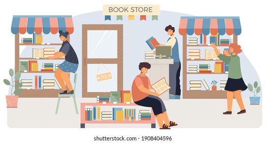 Book shop flat composition four people in a book store stand at the shelves and read vector illustration