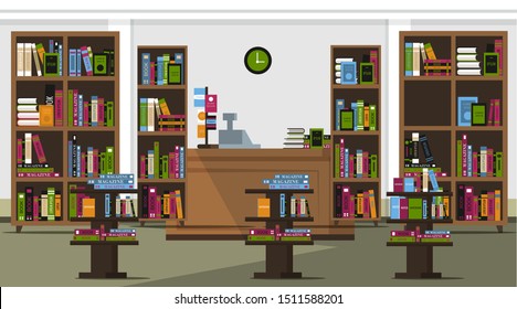 Book shop flat vector illustration. Empty school, university public library. Cartoon bookstore with nobody inside. Various books and students textbooks on shelves and cashier desk indoors