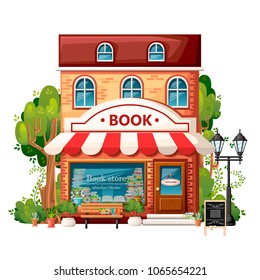 Book shop front view. City design elements. Cartoon style design. Book store with welcome sign, bench, streetlight, green bushes and trees. Vector illustration on white background.