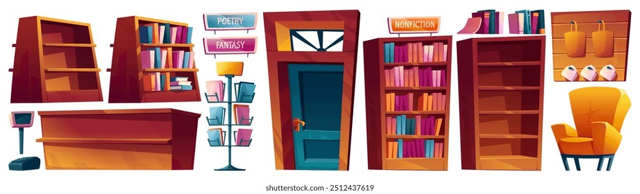 Book shop furniture and goods set isolated on white background. Vector cartoon illustration of literature on bookstore shelves, postcard rack, yellow armchair, cash register, wooden counter, souvenirs