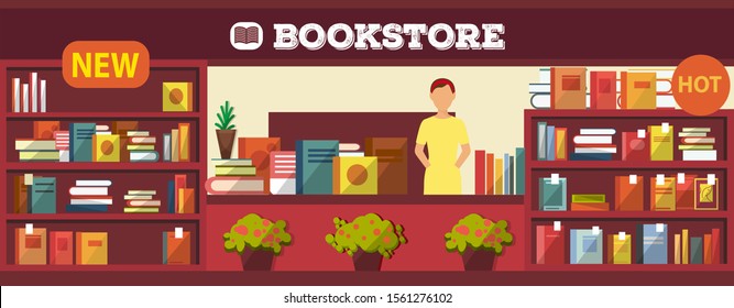 Book shop interior flat vector illustration. Various books on shelves and cashier desk indoors. Bookstore with girl seller no buyers inside. Popular and new items.