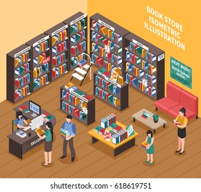 Book Shop Interior Isometric Illustration Of Bookshelves With Printed Publications Stepladder Shoppers And Seller Vector Illustration 