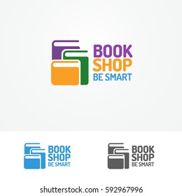 Book Shop Logo Set Consisting Of Books Different Color And Sign Be Smart For Use Bookshop, Store, Market, Sale Etc. Vector Illustration