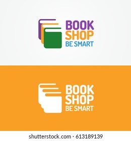 Book shop logo set consisting silhouette of books different color and sign be smart isolated on background for use bookstore, sale, market etc. Vector Illustration